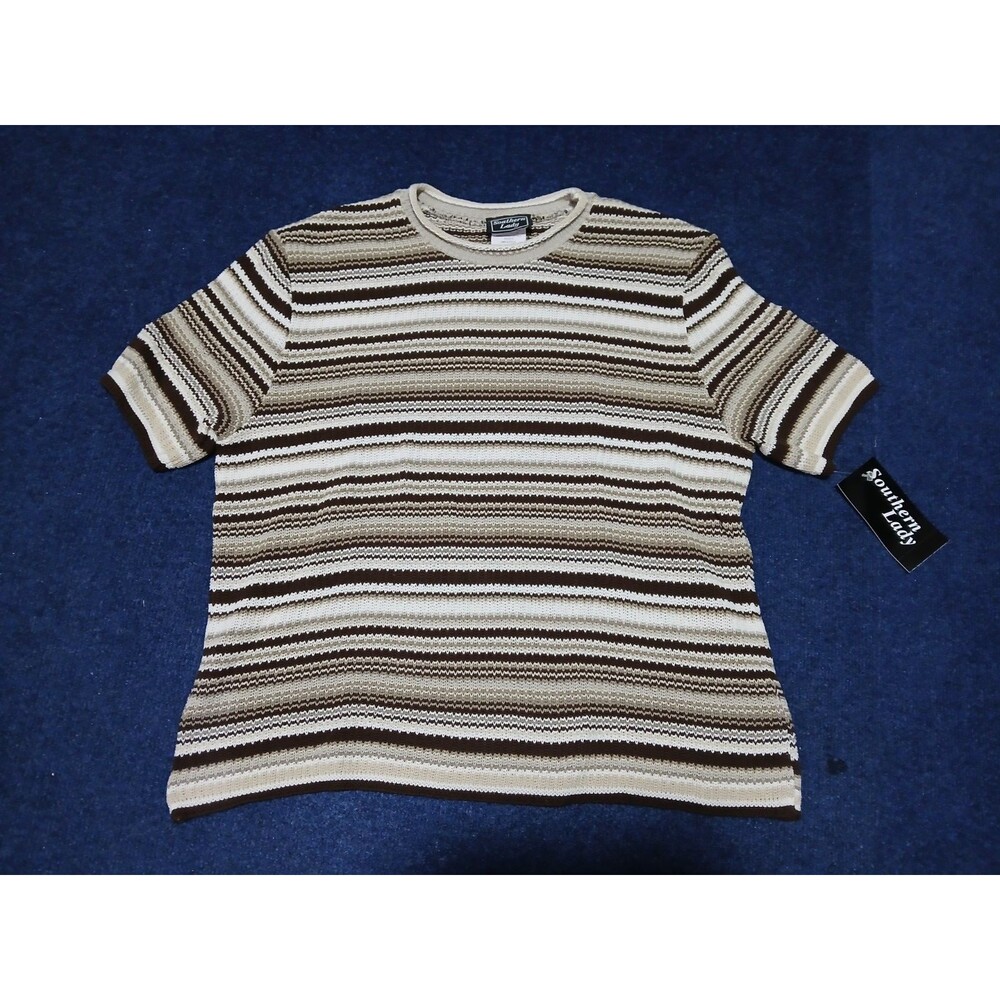 Southern Lady Brown/White Stripe Short Sleeve Knit Top  NWT   Large